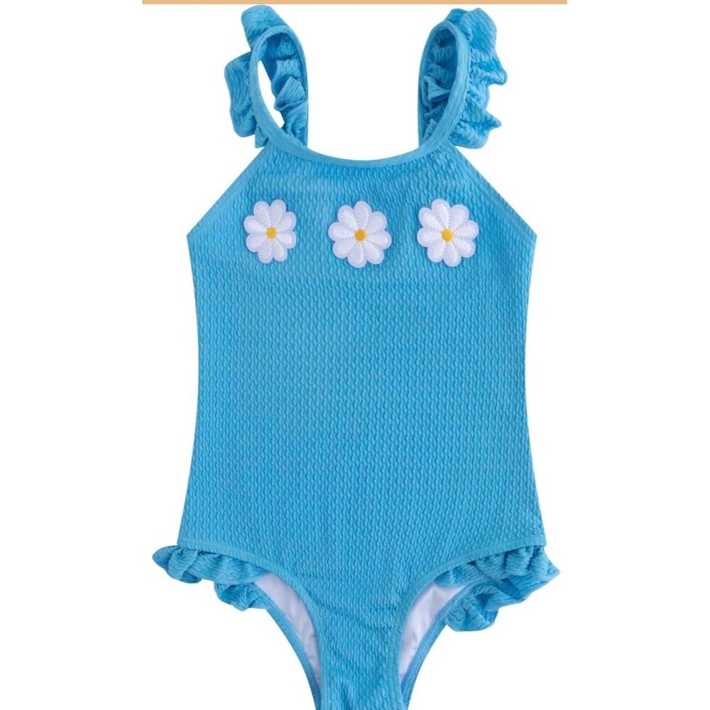 LIZENS Girls Piece Swimsuit Ruffles Blue White Daisy Sz 10-12 One Piece NWT
